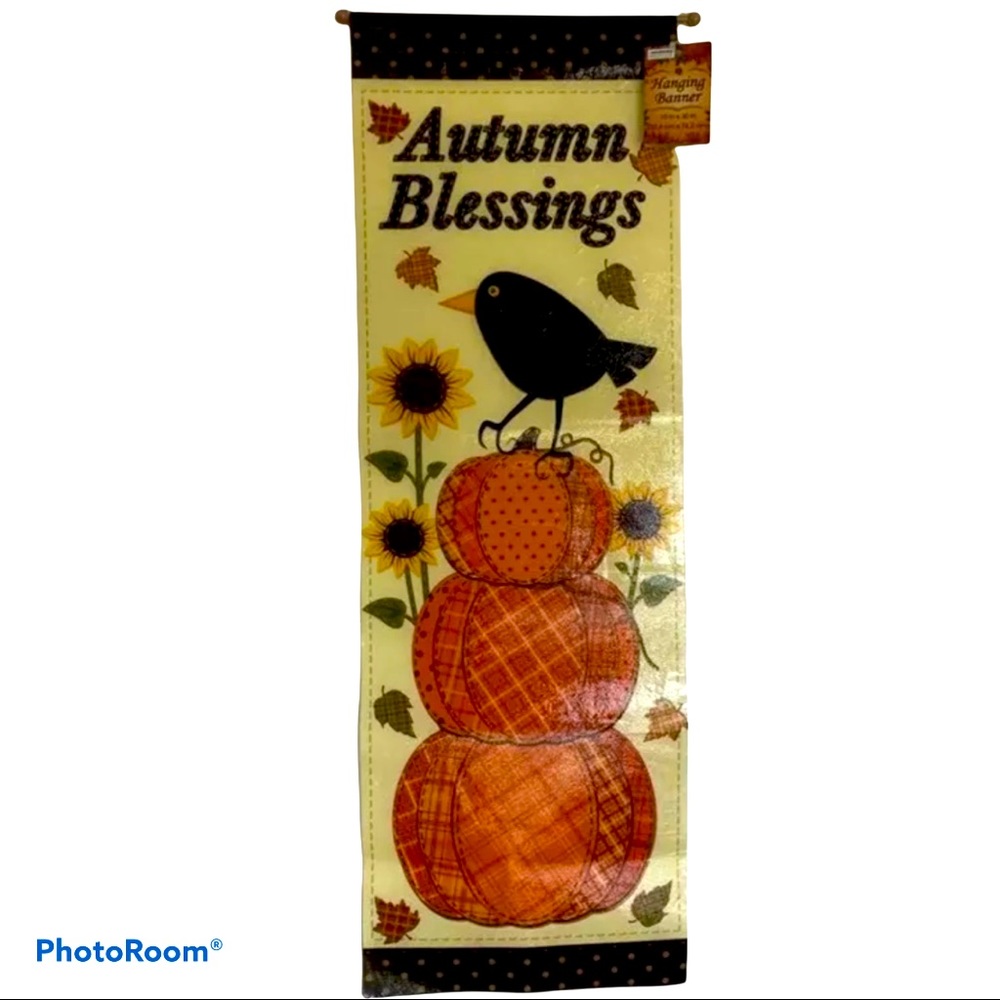 Autumn Blessings Fall Hanging Banner Pumpkin Crow Sunflower Decor 10” x 13”